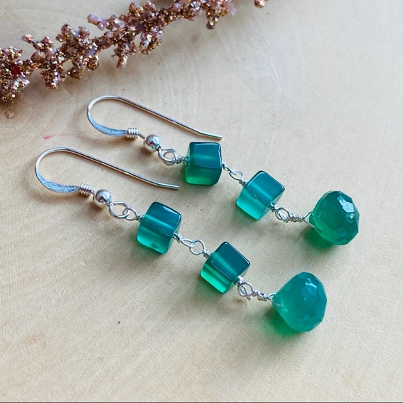 Emerald Green Onyx Sterling Silver Dangle Earrings - Picture 6 of 8